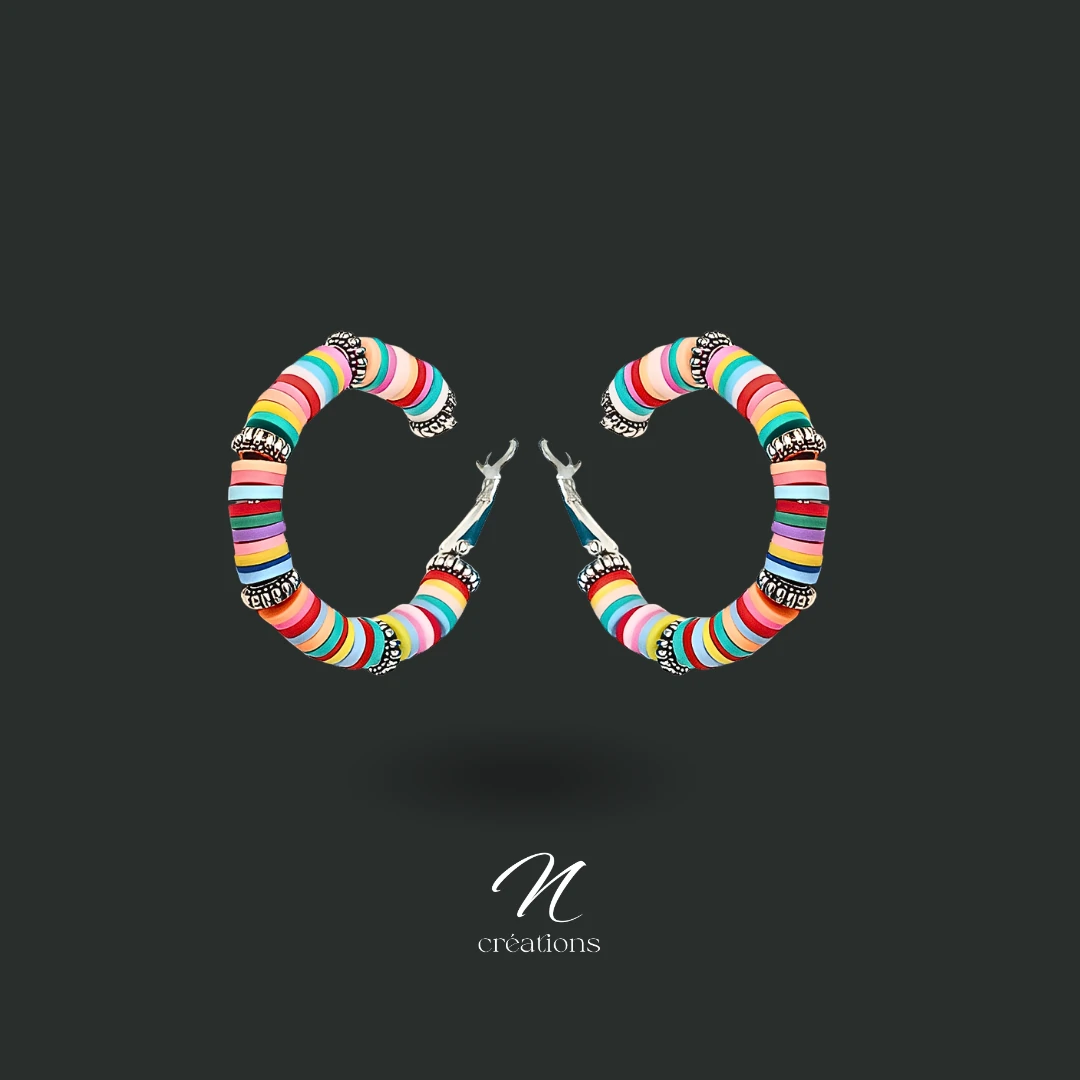 Créoles argentées heishis multicolores