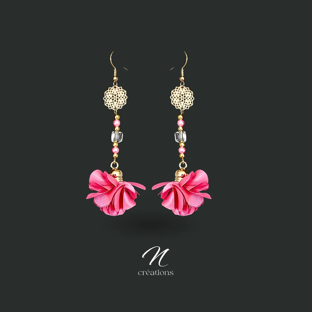 Boucles d'oreilles dorées fleurs fuchsia
