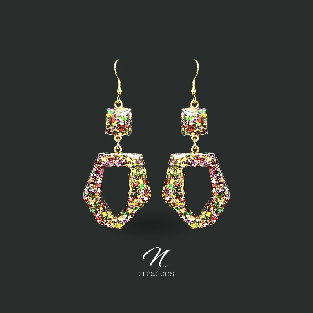 Boucles d'oreilles résine paillettes multicolores