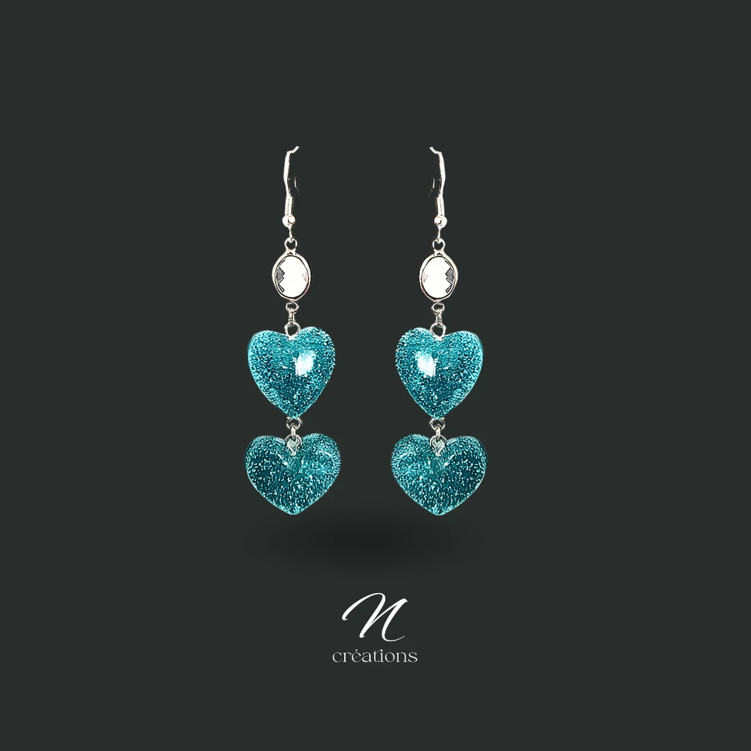 Boucles d'oreilles argentées cœurs paillettes