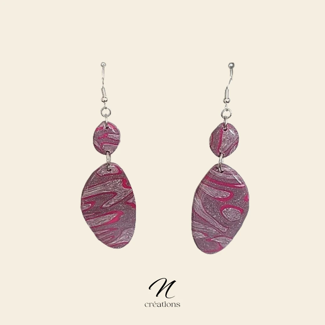 Boucles d’oreilles marbrées Mauve Fuchsia Argent