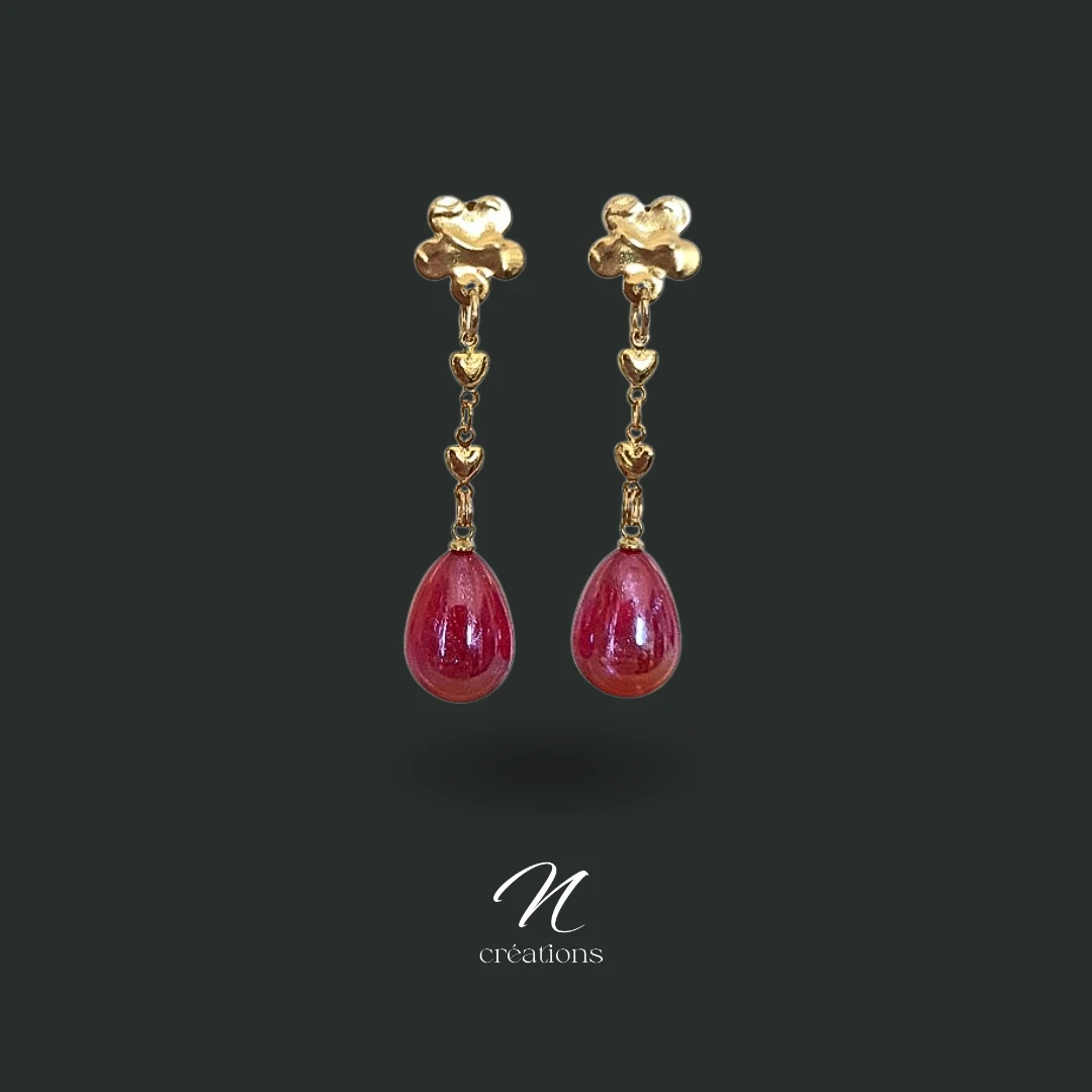 Boucles d'Oreilles Fleurs Gouttes Rouges Irisées
