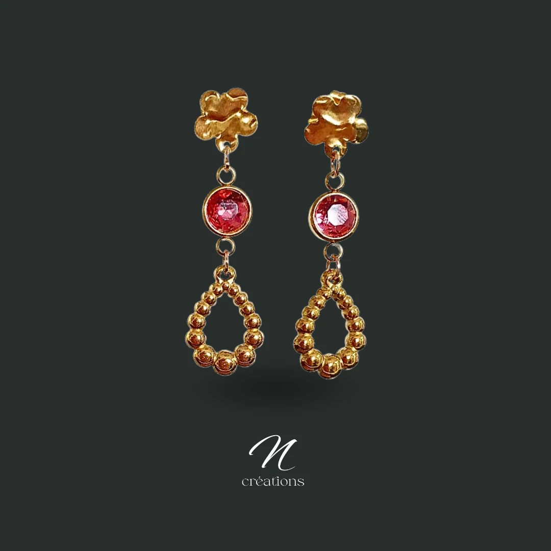 Boucles d’oreilles Fleurs dorées et Cristal rose