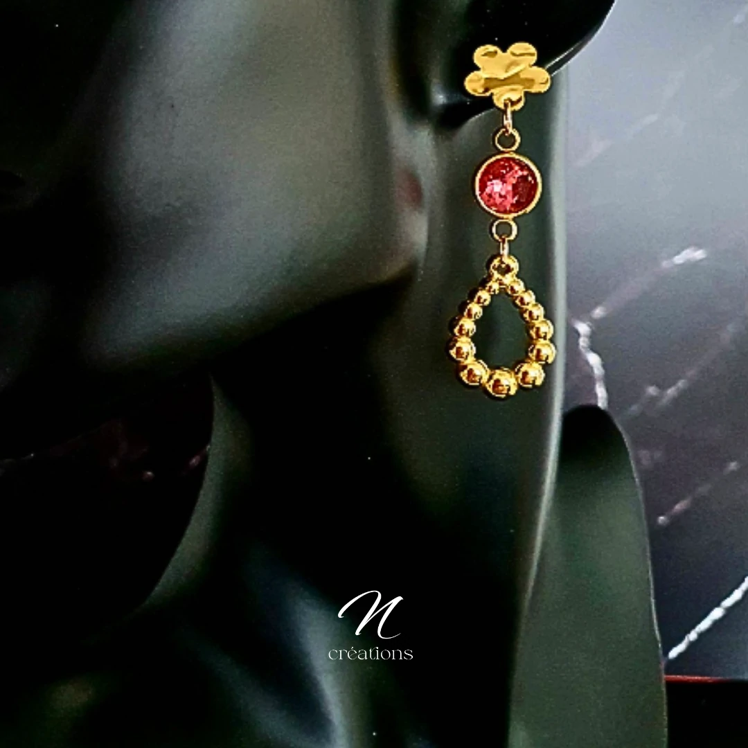 Boucles d’oreilles Fleurs dorées et Cristal rose