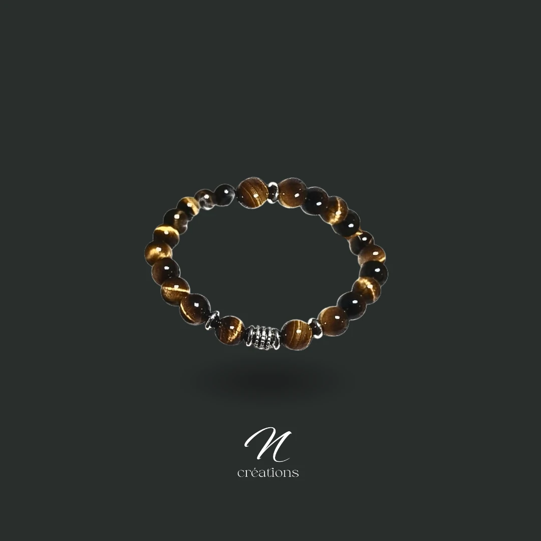Bracelet artisanal en Œil de Tigre – Protection, force et courage. Acier inoxydable. Taille XL ou sur mesure