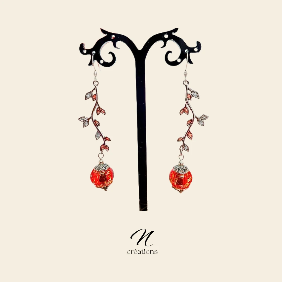 Boucles d'Oreilles Branches Florales Rouge et Argent