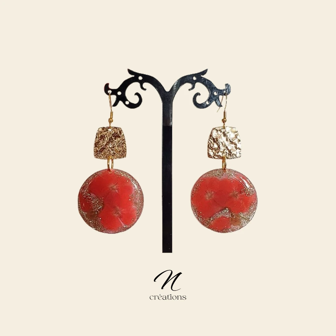 Boucles d’oreilles Fleurs Rouge Glacé et Or