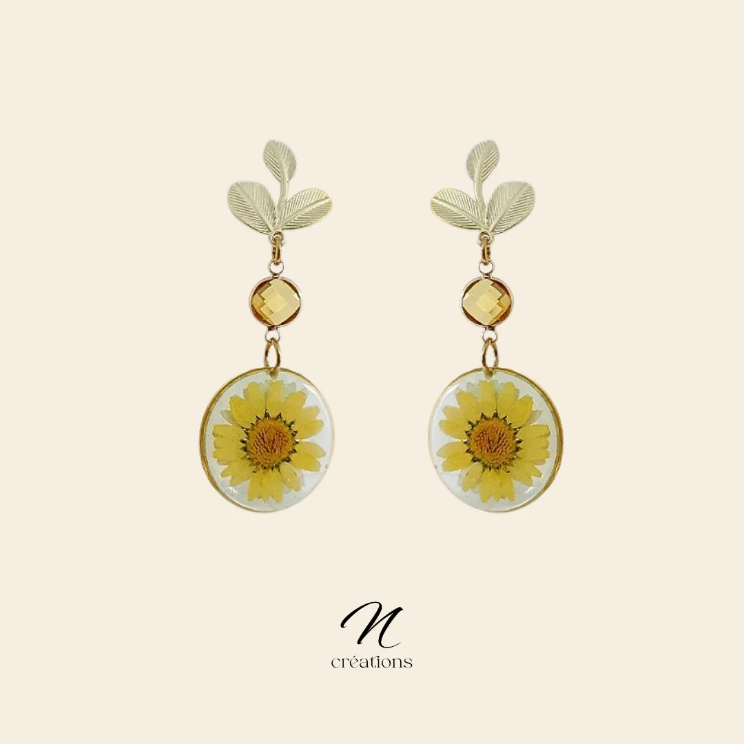 Boucles d’oreilles Marguerites et Cristal Jaune