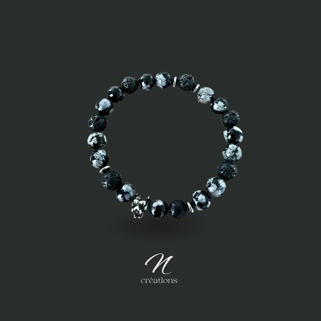 Bracelet Obsidienne Neige et Pierre de Lave