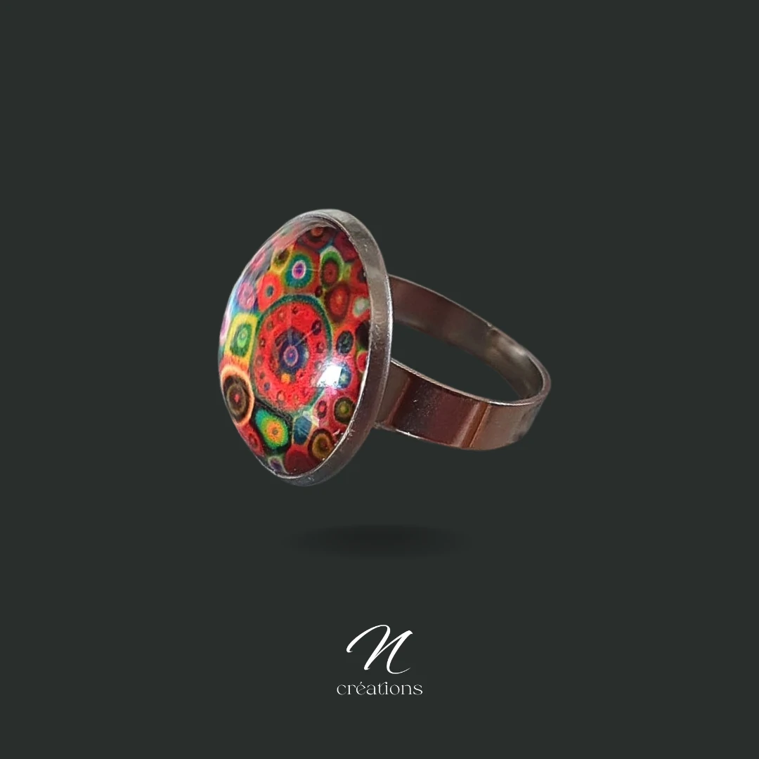 Bague Ajustable en Acier Inoxydable - Cabochon Multicolore