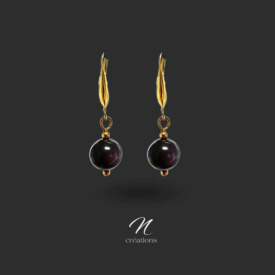 Boucles d’oreilles Obsidienne Dorée