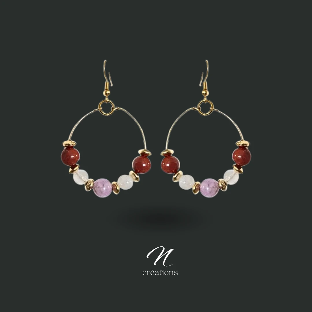 Créoles Lépidolite Pierre de Lune Jaspe Rouge