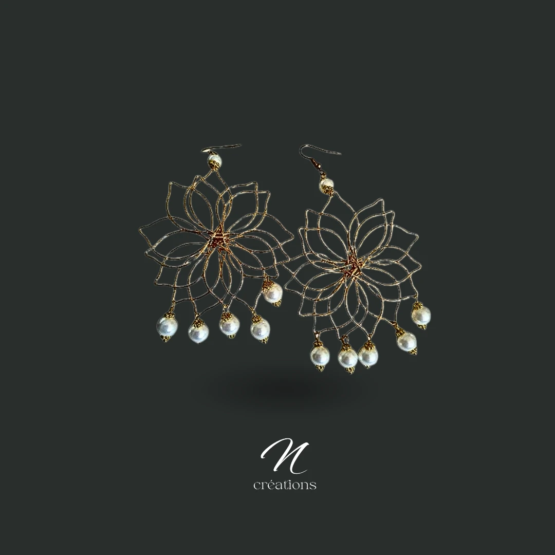 Boucles d’oreilles Grandes Fleurs Dorées et Perles Nacrées