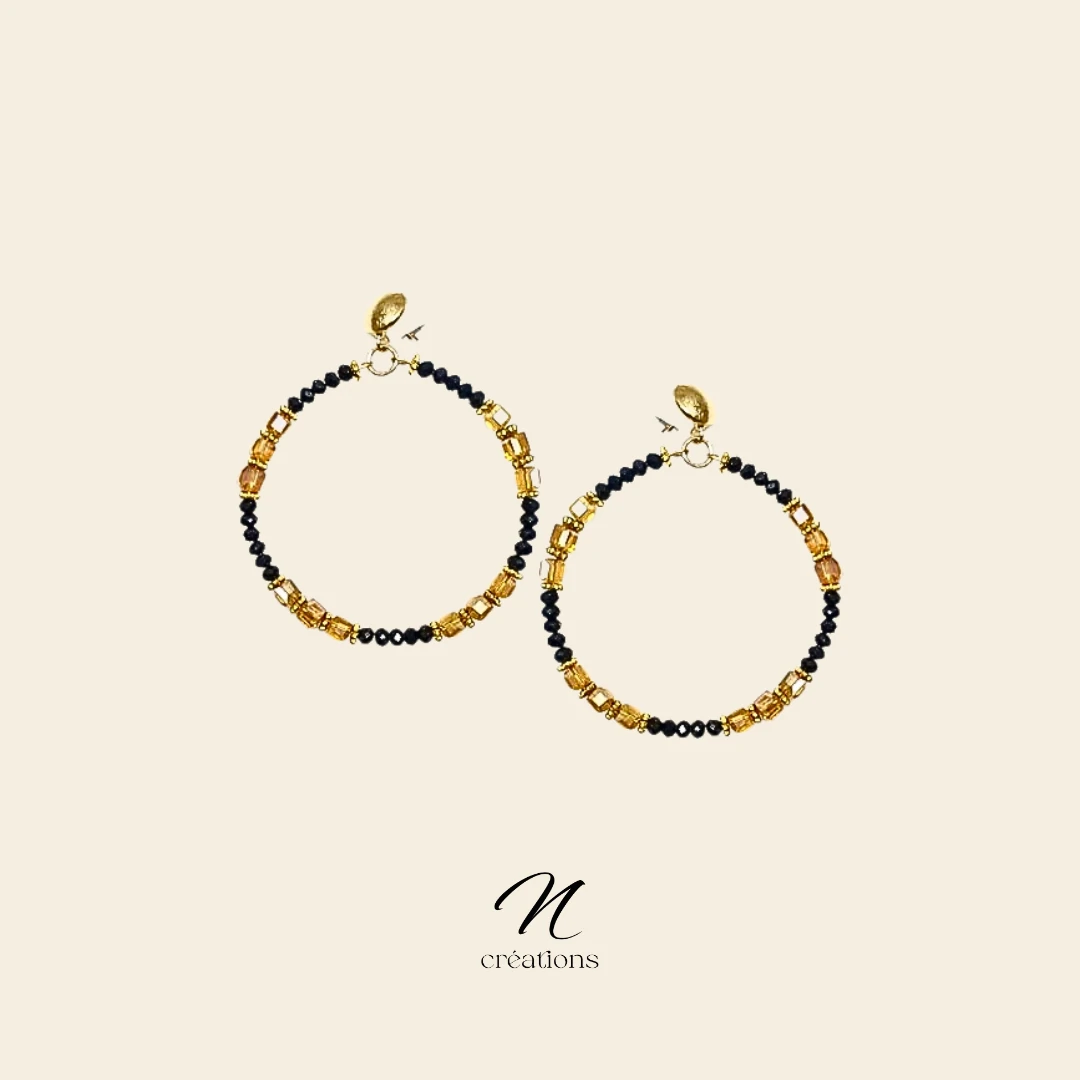 Créoles Spinelle noir et cristaux ambre