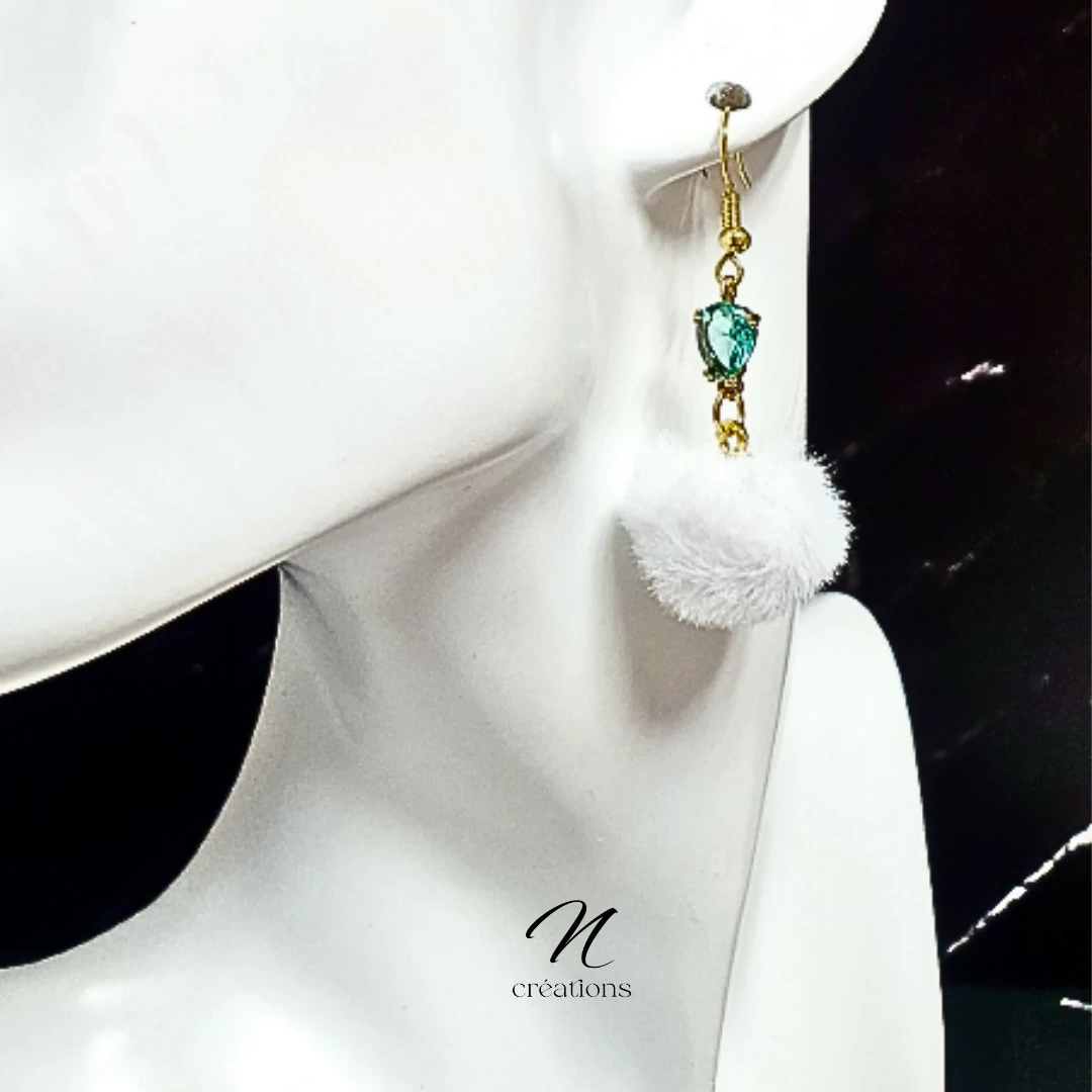 Boucles d'Oreilles Boules Coton et Larmes Cristal