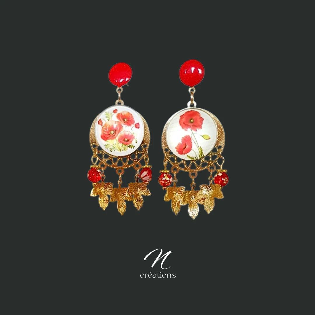 Boucles d'Oreilles Coquelicots Or 24K Perles Tensha