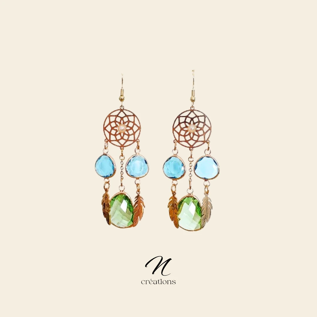 Boucles d'Oreilles Attrape-Rêves Bleu Azur et Vert Amande