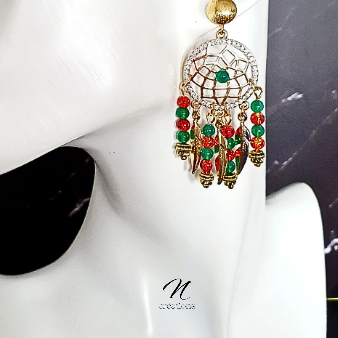 Boucles d'Oreilles Attrape-Rêves Plumes et Perles