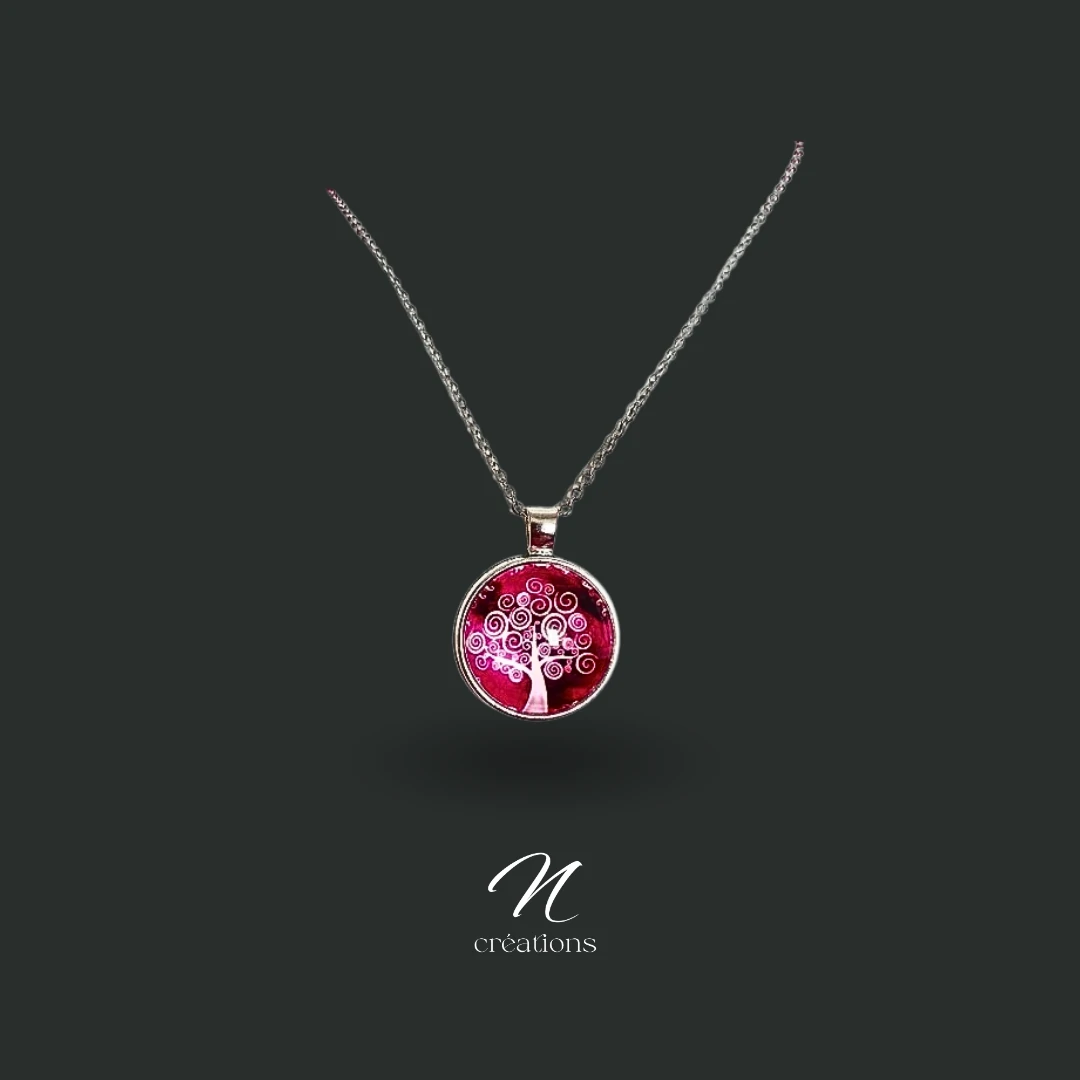 Collier Arbre de Vie fuchsia en acier inoxydable