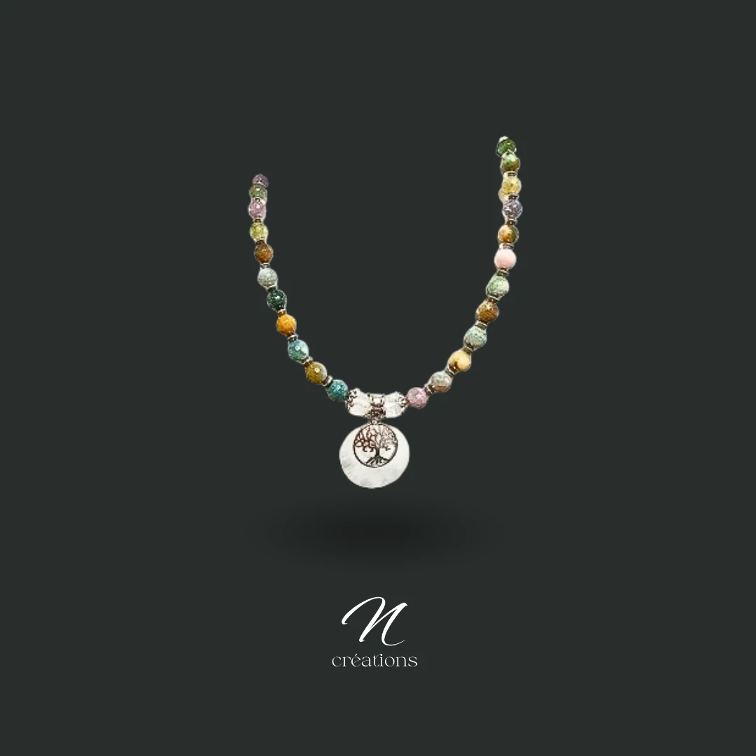 Sautoir artisanal en Agate indienne et Cristal de Roche – Pendentif Arbre de Vie