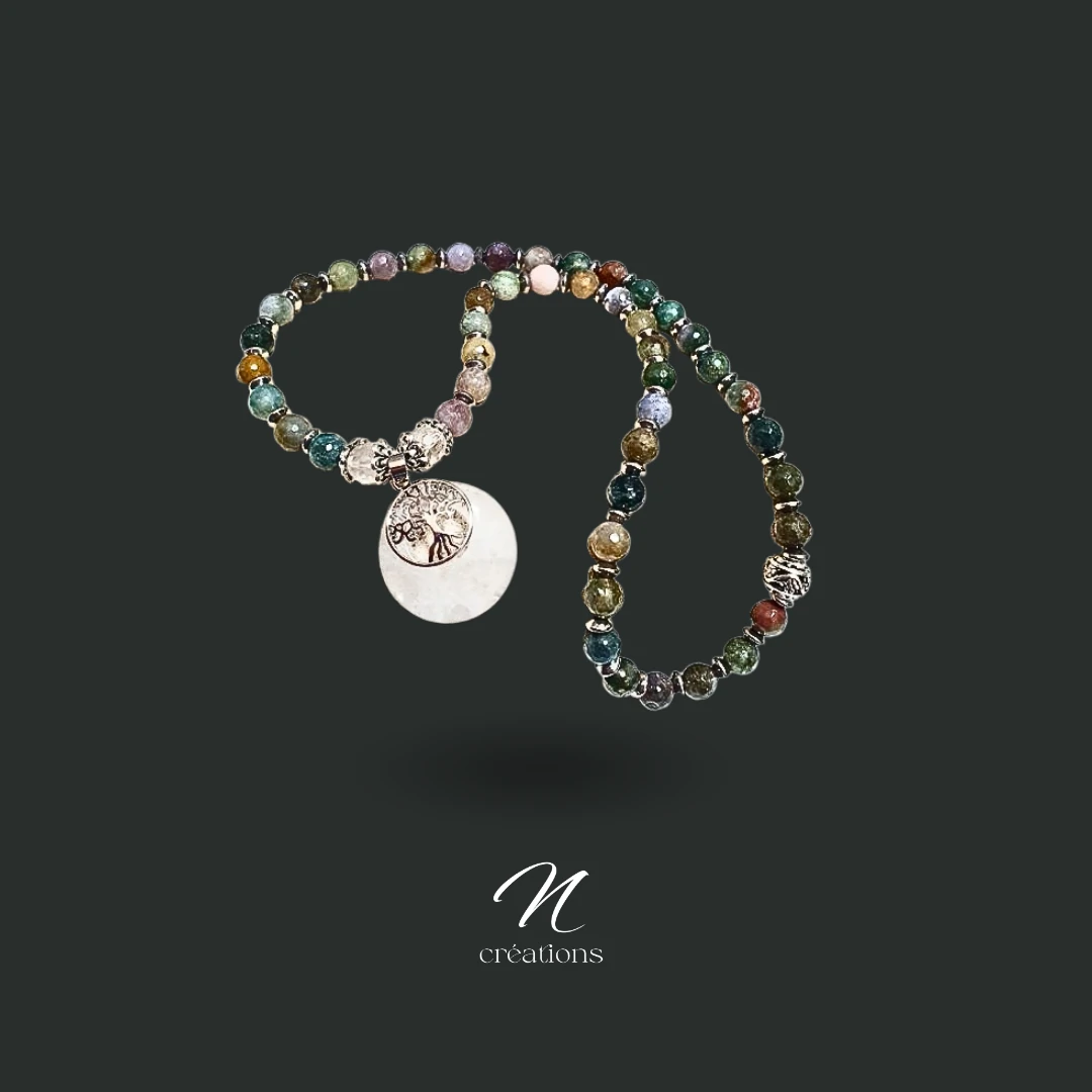 Sautoir artisanal en Agate indienne et Cristal de Roche – Pendentif Arbre de Vie