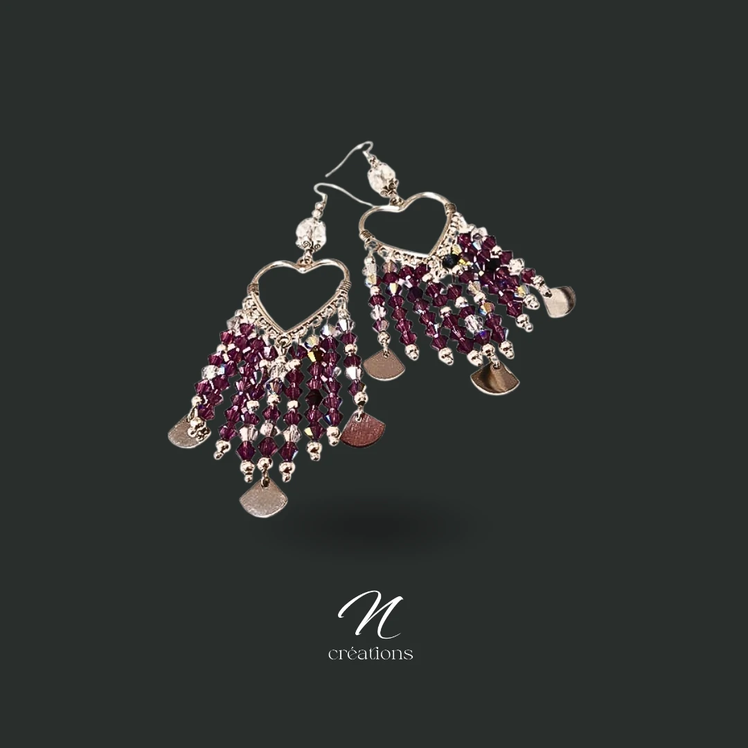 Boucles d'Oreilles Chandeliers Cœurs Violets et Argentés