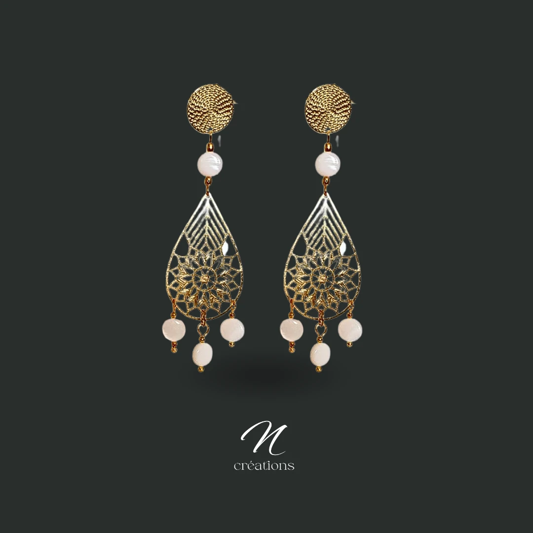 Boucles d'Oreilles Gouttes Filigranes Nacre Blanche Naturelle