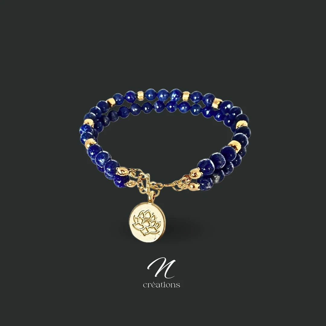 Bracelet Double Lapis-Lazuli Médaillon Lotus Doré
