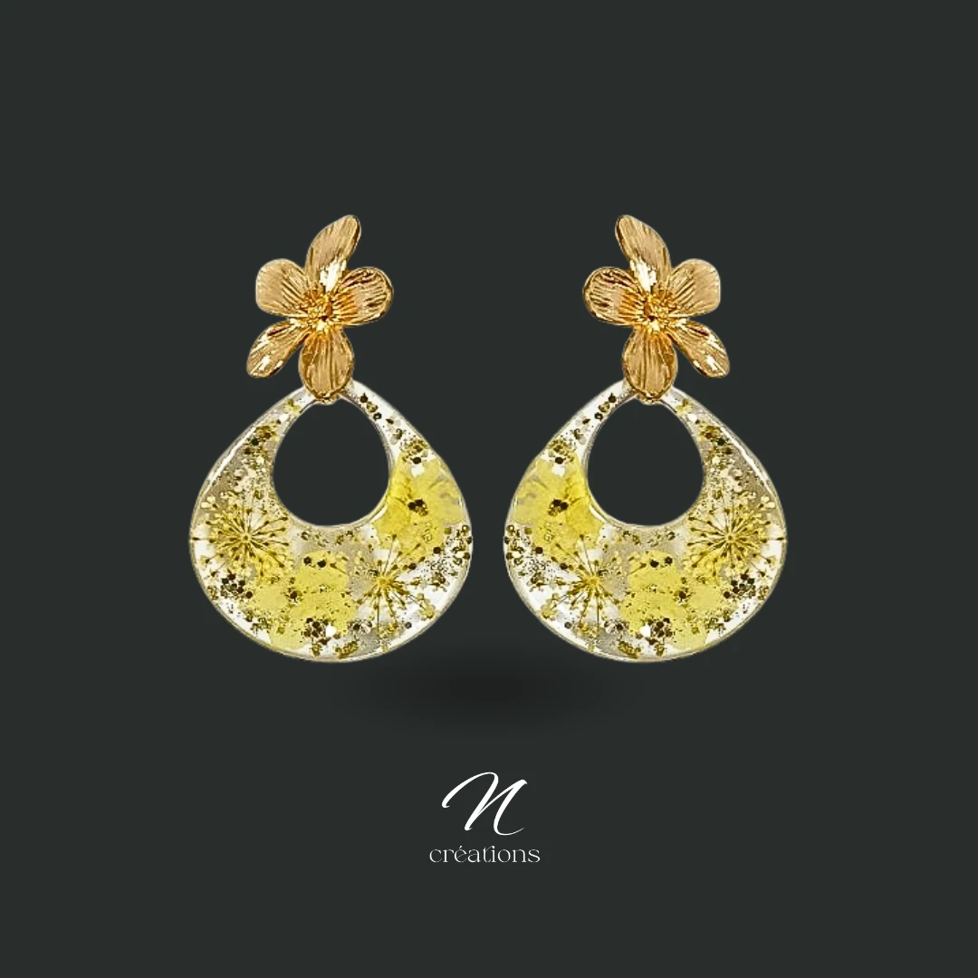 Boucles d'Oreilles Gouttes Fleurs Séchées Jaunes