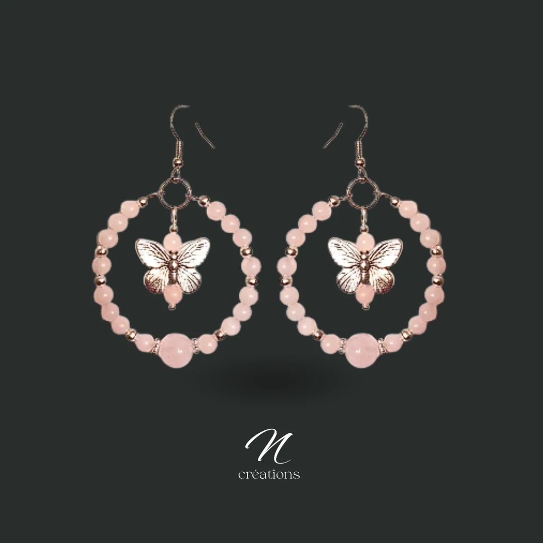 Créoles Quartz rose et papillons