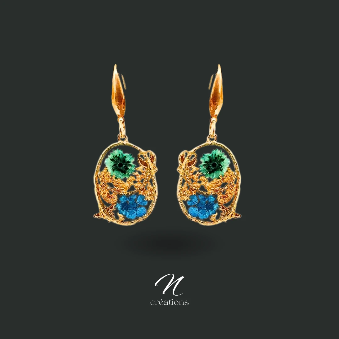 Boucles d’oreilles Ovales Dorés et Fleurs Bleues