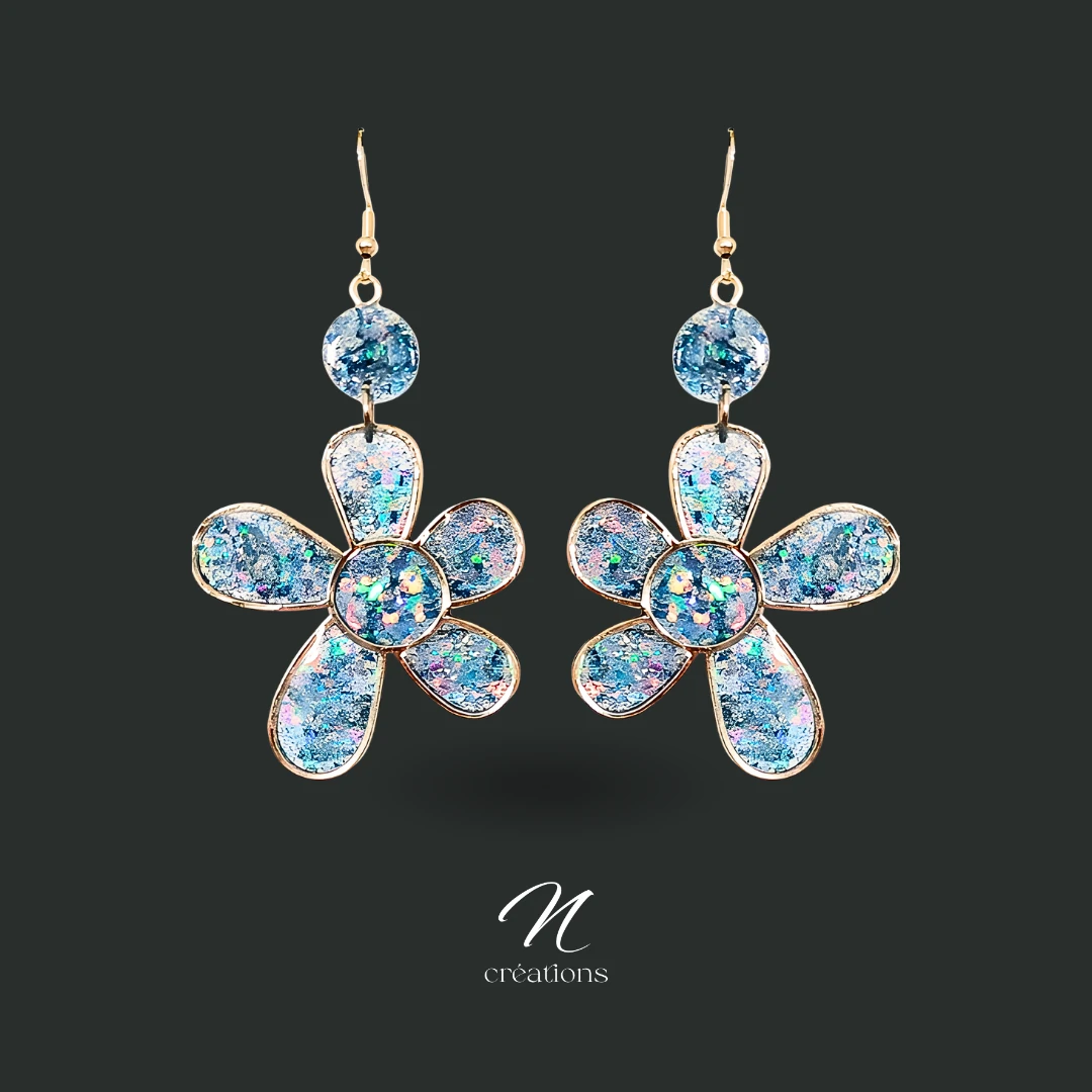 Boucles d’oreilles Fleurs Holographiques Bleu