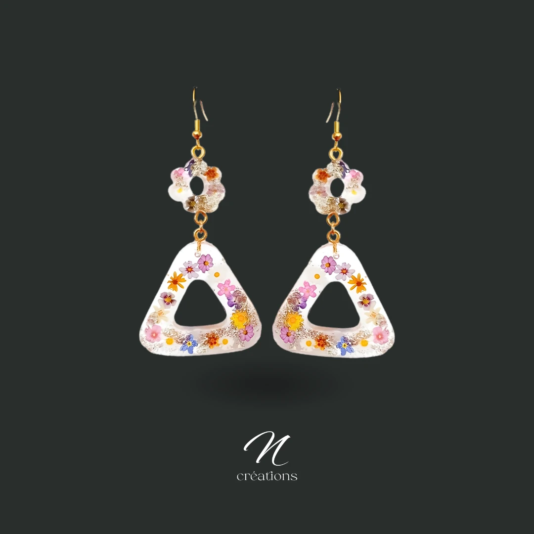 Boucles d’oreilles Triangles Fleurs Glacées et Poudre d’Or