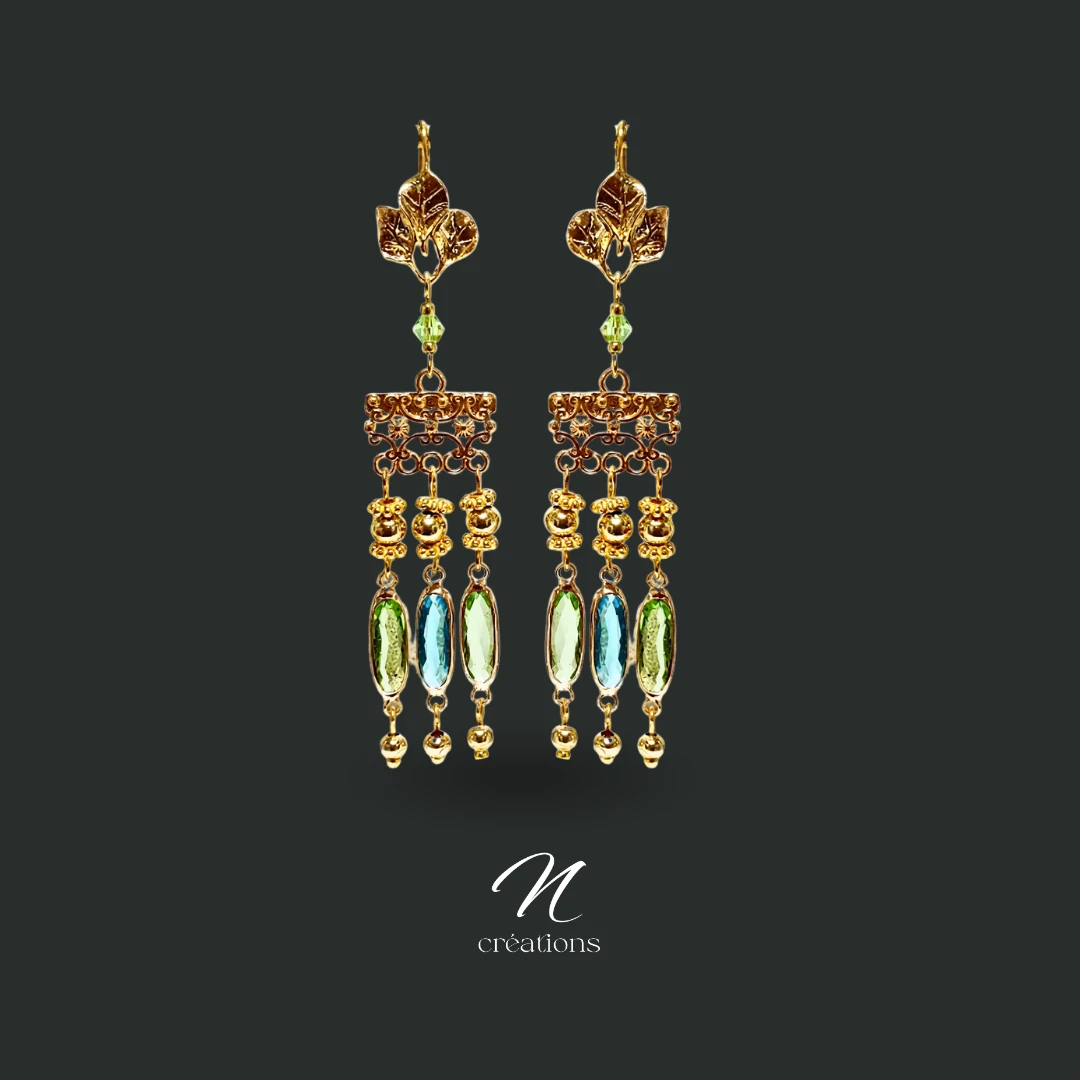 Boucles d’oreilles lustres Cristal et or fin 24K