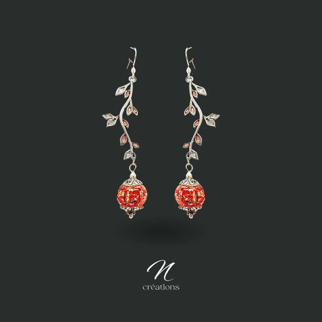 Boucles d'Oreilles Branches Florales Rouge et Argent