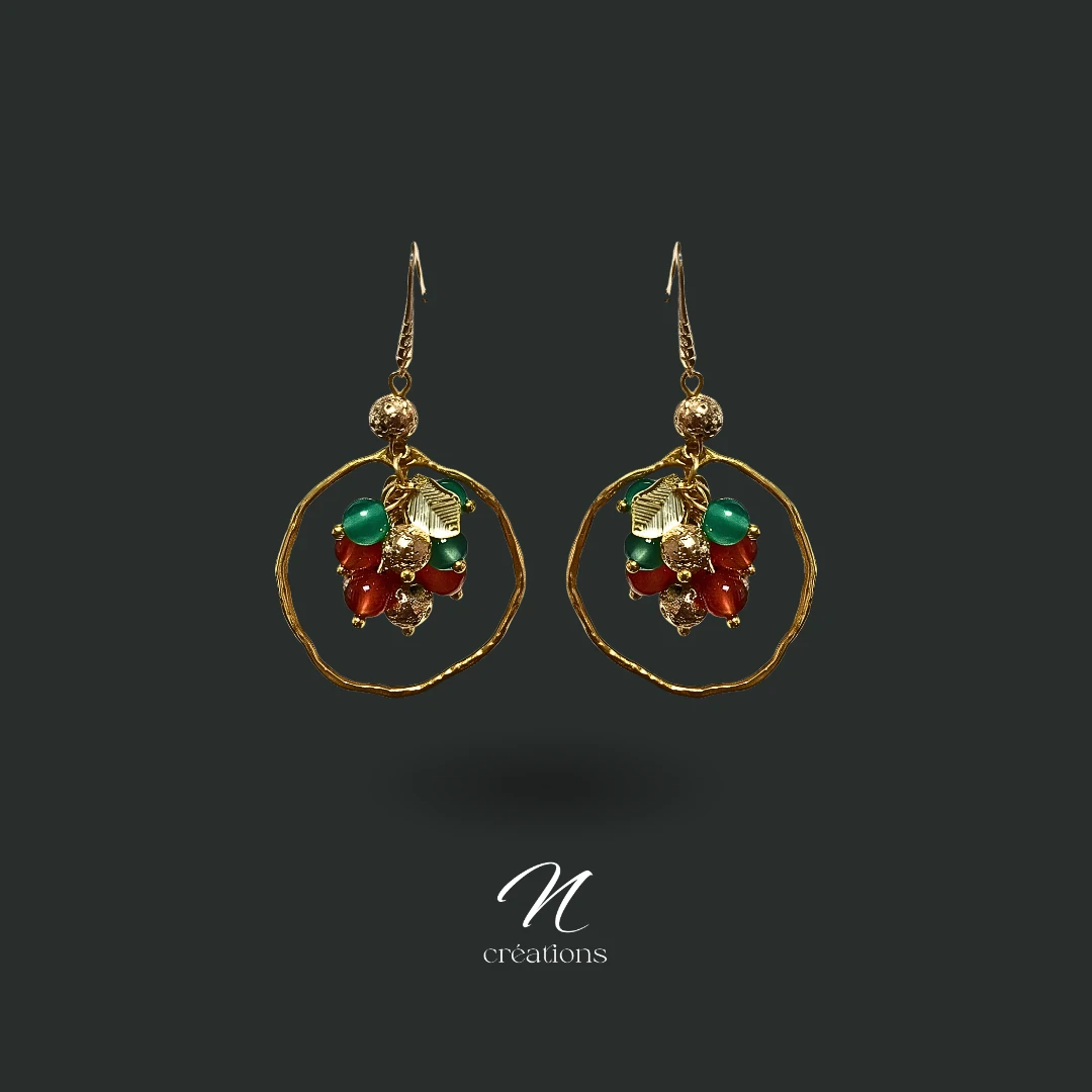 Créoles Onyx Cornaline et Pierre de lave