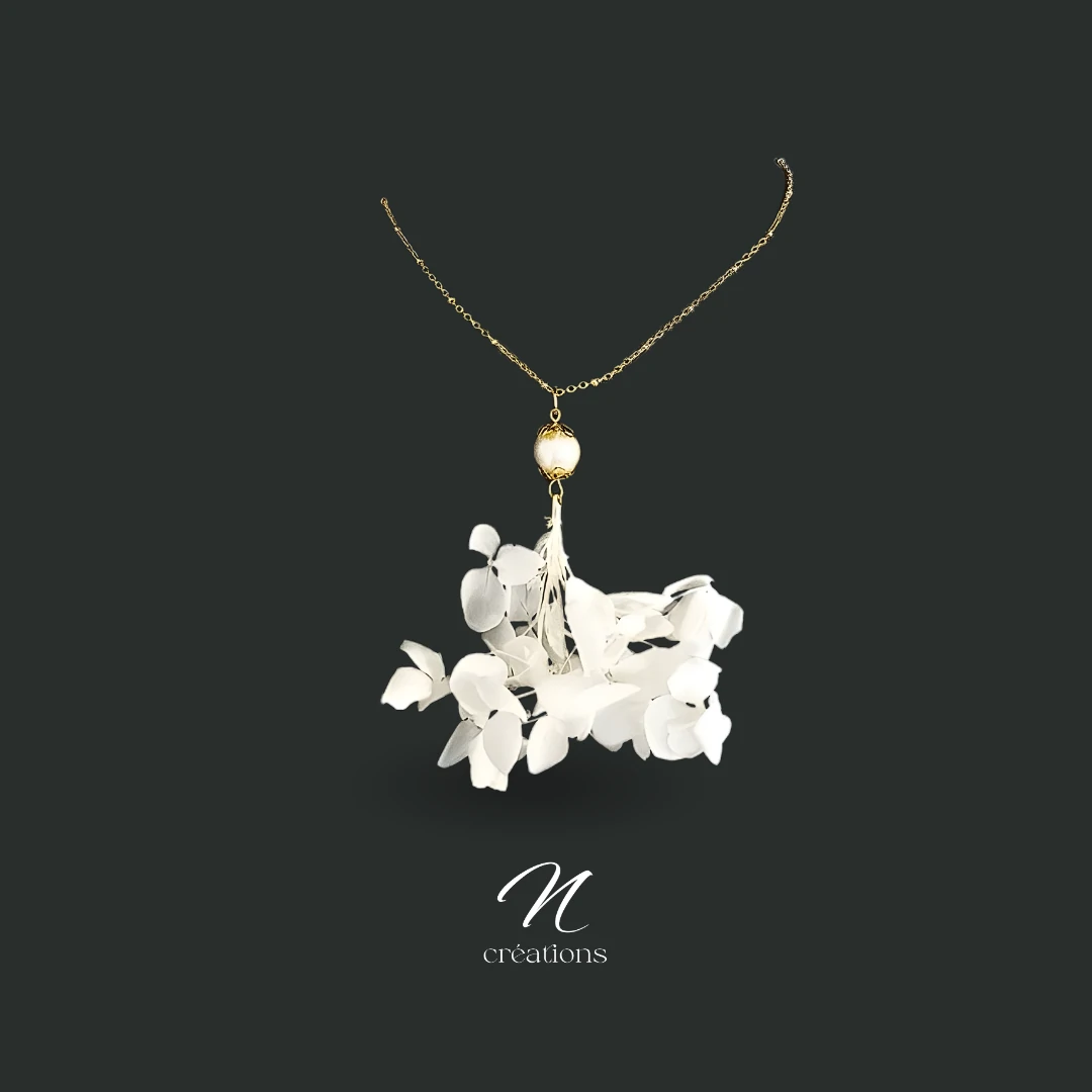 Bijou de mariage Tour de cou or 24K fleurs d’Hortensias blanches