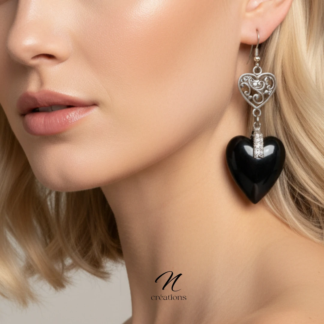 Boucles d’oreilles cœurs en Obsidienne noire – Harmonie, Protection & Paix intérieure