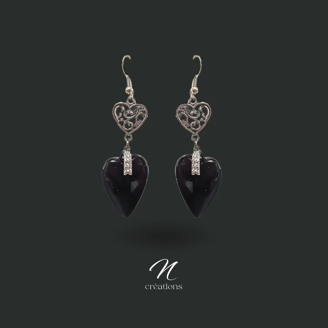 Boucles d’oreilles cœurs Obsidienne noire