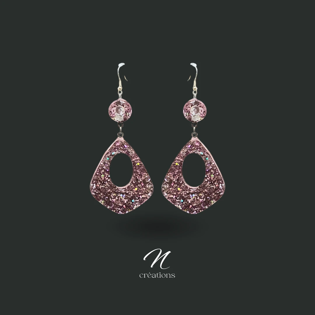 Boucles d’oreilles gouttes Paillettes holographiques et poudre d’argent